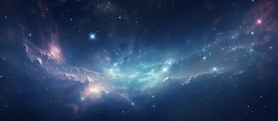 Poster - The atmosphere displays a stunning landscape in electric blue hues, resembling a galaxy with numerous astronomical objects shining bright in the midnight sky