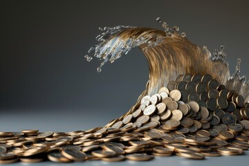 Poster - a pile of coins with a wave of energy emanating from it, creating a unique visual effect, a big wave