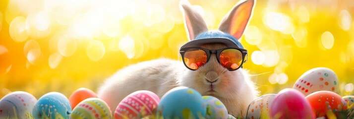 Wall Mural - funny Easter bunny with sunglasses and cap sits in the grass with colourful Easter eggs