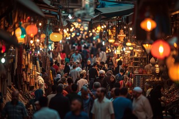 Wall Mural - Numerous people navigate a crowded street, bustling with activity and movement, A bustling bazaar during Ramadan, AI Generated