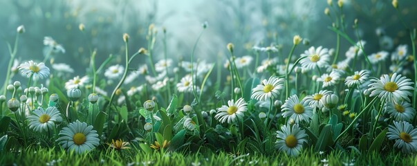 Wall Mural - Field of green grass and blooming daisies and dandelions, a lawn in spring.