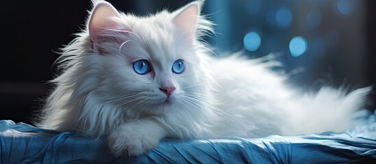 Canvas Print - A small to mediumsized carnivorous Felidae, with white fur and striking electric blue eyes, is peacefully lounging on a blue blanket