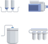 Fototapeta Dinusie - Water filter icons set cartoon vector. Water purification and filtration system. Pure aqua