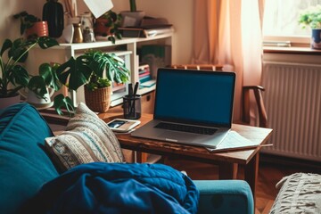 Poster - a laptop computer is placed on a wooden table, a clutter-free workspace at home promoting productivi