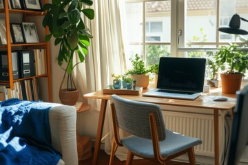 Poster - A laptop computer is positioned on top of a sturdy wooden desk, A colorful and vibrant home office setup, AI Generated