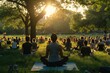 A diverse group of individuals sitting in a grassy area engaging in a yoga session, A communal outdoor yoga class in a city park, AI Generated