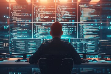 Poster - A man sits at a desk and works in front of multiple computer screens displaying various data and information, A computer programmer surrounded by multiple screens displaying codes, AI Generated