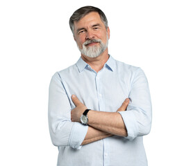 Canvas Print - Portrait of happy casual older man smiling, Mid adult, mature age male with gray hair, Isolated on transparent background, copy space