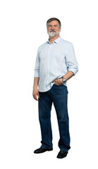 portrait of happy casual older man smiling, mid adult, mature age male with gray hair, isolated on t