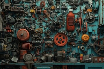 Poster - This close-up photo showcases a complex machine with numerous interconnected parts and components, A depiction of a plethora of auto parts in a mechanic's garage, AI Generated