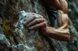 Man Climbing Up the Side of a Mountain, A detailed close-up of a climber's hands straining against the rough texture of the rock, AI Generated