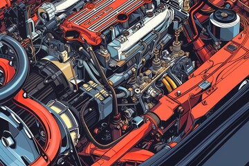 Poster - This image showcases the intricate design and mechanical components of a car engine, A detailed illustration of the inside of a car's engine, overseen by a mechanic, AI Generated