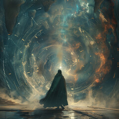 Wall Mural - a man stands in front of a large, swirling vortex