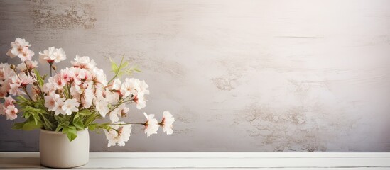 Poster - A flowerpot filled with pink flowers sits on a rectangular table in a building, adding a touch of nature to the house decor