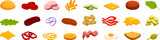 Fototapeta Dinusie - Flying burger ingredients icons set cartoon vector. Fast Food meal. Hamburger layer