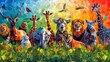 Colorful low poly backdrop features animals in lively ecosystem