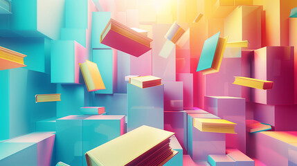 Wall Mural - A colorful room with many books flying around