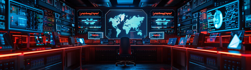 a computer room with a large monitor showing a map of the world