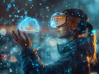 Wall Mural - A woman is holding a virtual reality headset and is looking at a cloud