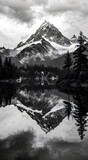 Fototapeta  - Professional monochrome photography of mountain lake with reflection of forest, mountain peak and clouds. Graphic black and white poster of landscape with lake. Photo shot for interior painting.