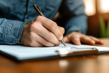 Poster - A person is sitting and writing on a piece of paper using a pen, A hand signing a business loan agreement, AI Generated