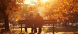 A happy senior couple sitting on a park bench, smiling at the camera with a blurred background of a sunset in the park. A closeup portrait of an elderly man and woman