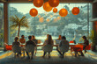 Vintage style discussion of a diverse team having an open discussion in the conference room with floor-to-ceiling windows overlooking water, and stylish chairs around a round table