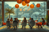 Fototapeta Londyn - Vintage style discussion of a diverse team having an open discussion in the conference room with floor-to-ceiling windows overlooking water, and stylish chairs around a round table