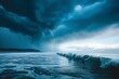 A group of individuals confidently stand atop a massive wave in the ocean, showcasing their balance and skill, A line of surfers waiting for the next wave under a cloudy, stormy sky, AI Generated