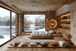A modern rustic bedroom with wooden walls and floor, large windows overlooking the river during winter, a cozy bed on a platform with soft pillows, wall shelves for decorative items