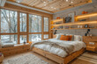 A modern rustic bedroom with wooden walls and floor, large windows overlooking the river during winter, a cozy bed on a platform with soft pillows, wall shelves for decorative items