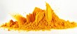 A mound of turmeric powder, a staple food ingredient, sits on a white surface. This vibrant yellow powder comes from the flowering plants petal and is used in various cuisines and recipes