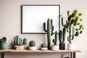Wall Mural - cactus in a room, Transform your space with the captivating allure of an AI-generated illustration featuring a vibrant cactus perched on a shelf against a blank wall, offering ample copy space
