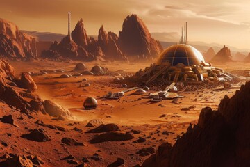 Poster - An artists rendering of a technologically advanced space station positioned in a desert landscape, A Martian colony with bio-domes amidst harsh red desert landscape, AI Generated