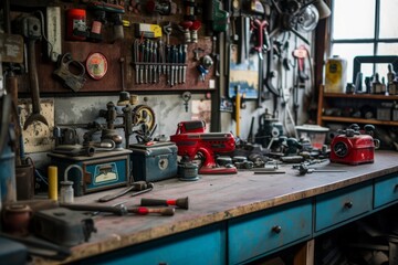 Poster - A cluttered workbench filled with an assortment of tools and equipment, A mechanic's workbench showcasing multiple vintage tools, AI Generated