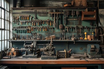 A workbench filled with various tools and equipment, ready for any project or repair, A mechanic's workbench showcasing multiple vintage tools, AI Generated