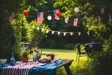 Fototapeta Perspektywa 3d - A picnic table covered in vibrant American flags, proudly displaying patriotism, A memorial day barbecue celebration in a backyard decorated with American flags, AI Generated