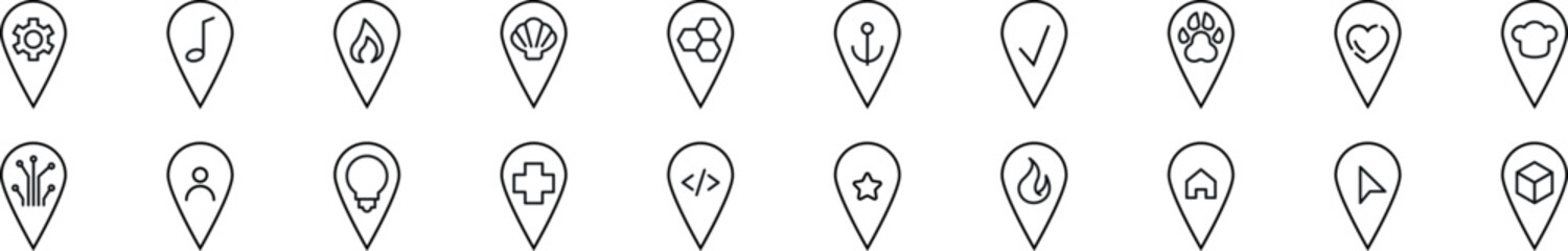 Wall Mural - Collection of thin signs of map pin. Editable stroke. Simple linear illustration for stores, shops, banners, design
