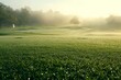 A golf ball sits in the foreground of a foggy golf field, creating a serene atmosphere, A misty morning on a golf course with dew on the grass, AI Generated