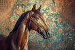Brown Horse Standing in Front of Colorful Wall, A noble Arabian horse with beautiful Islamic motifs in the background, AI Generated
