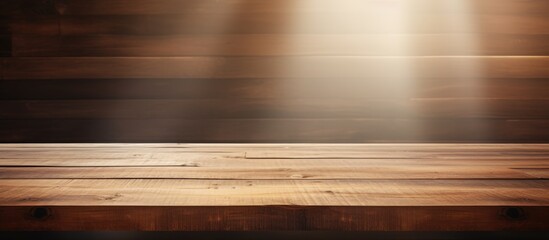Poster - A brown hardwood table sits empty with a wooden wall in the background. The floor is made of plank wood with tints and shades of varnish