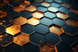 3d rendering of abstract metallic background with hexagons in orange color