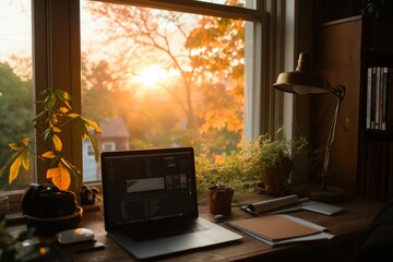 Sticker - A laptop computer rests on top of a wooden desk, A peaceful early morning home workspace with sunrise view, AI Generated