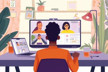 Poster - a woman is seated at a desk, engaged in computer-related tasks, a person attending a virtual meeting
