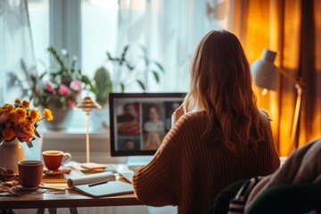 Poster - A woman is seated at a desk, engrossed in her work as she operates a computer, A person attending a virtual meeting from home, AI Generated