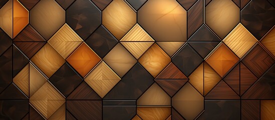 Poster - A detailed closeup of a brown wooden wall with a geometric pattern, showcasing symmetry and art. The pattern stands out against the dark flooring and metal ceiling