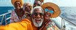 group of excited senior African American friends in colorful clothes taking selfie on yacht