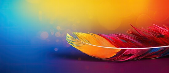 Sticker - A closeup macro photography of a vibrant amber petal, with tints and shades of magenta and electric blue, against a natural landscape with water. The colorful feather stands out beautifully