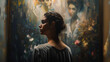  an attractive woman standing in front of a painting, capturing a dark academia aesthetic with a focus on mood, 