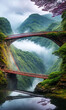 Rainbow Bridge. Arching across a misty gorge, a rainbow bridge connects two worlds.
